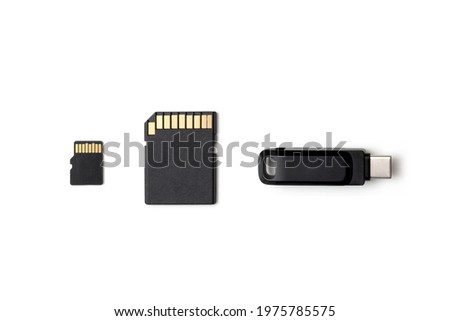 Multiple storage devices, pendrive, memory cards isolated top view