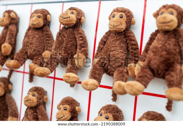 Multiple stuffed toy monkeys are attached to a\
whiteboard and divided by red lines. The animals have soft brown\
material with beige colored feet and hands. There are two rows of\
fluffy cuddly dolls. 