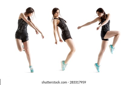 Multiple Of Three Dancing Girls In Sportswear On A White Background