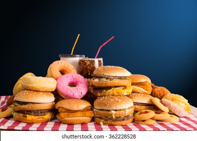 Multiple type of Fast food on table.