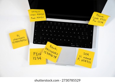 Multiple Unsafe Passwords and Login Credentials Written on Yellow Sticky Notes attached on a laptop