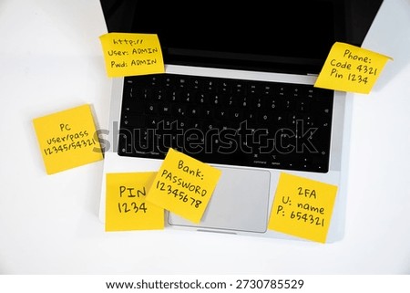 Multiple Unsafe Passwords and Login Credentials Written on Yellow Sticky Notes attached on a laptop