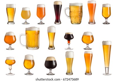 Multiple Various Glasses Of Different Types Of Cold Craft Beer Isolated On White Background
