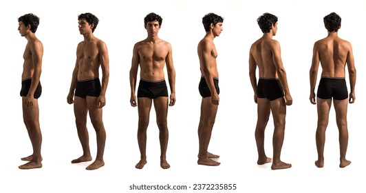 Multiple views of athletic shirtless young handsome man: back, front and profile shots, full length, isolated on white background in studio