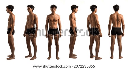 Multiple views of athletic shirtless young handsome man: back, front and profile shots, full length, isolated on white background in studio