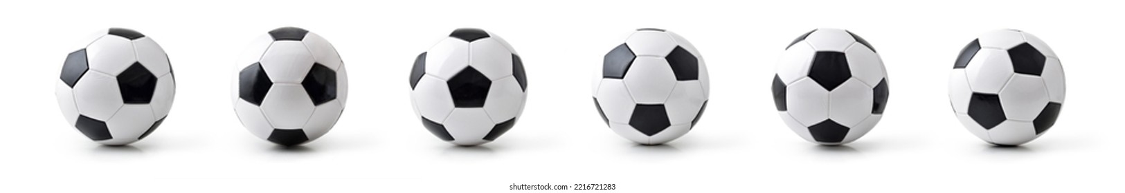 Multiple views of a classic stitched leather soccer ball with shadow and reflection isolated on white.