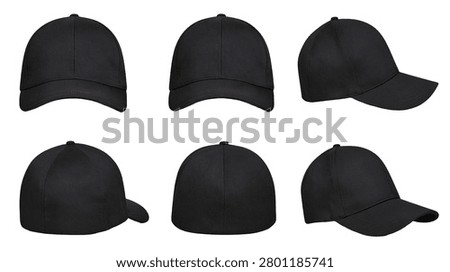 Multiple views of plain black baseball caps for headwear design