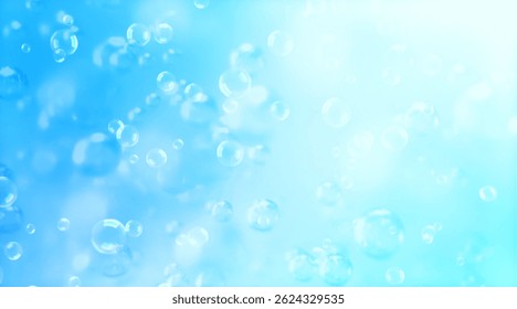 Multiple water bubbles in close-up, light blue and green, abstract water wave with bubbles design of moisturizing bubble spots in a cosmetic gloss in super slow motion.