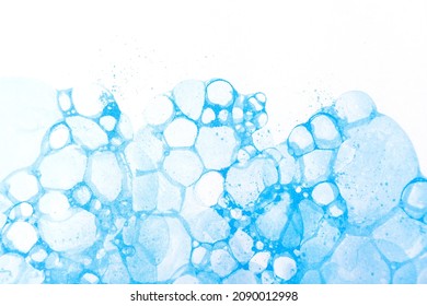 Multiple White Blue Soap Bubbles Abstract Background Texture, Artsy Backdrop, Copy Space, Full Frame, Nobody. Simple Clean Cold Light Blue Soapy Wallpaper, Design Element, Closeup. Cleanliness Concept