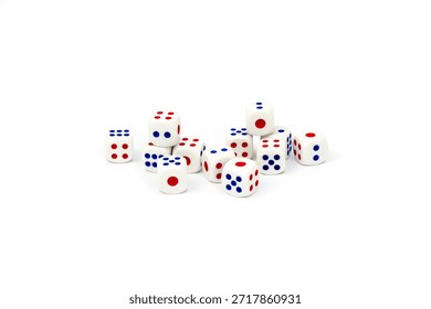 Multiple white dice with red and blue pips are arranged in a scattered formation against a pure