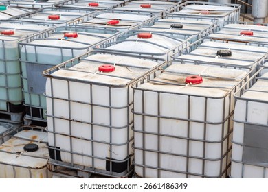 multiple white Intermediate Bulk Containers (IBCs) with metal cages, used for storing liquids in an industrial setting, arranged in rows.
