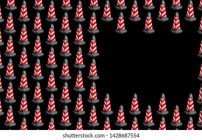 Multiple white and red safety cone forms seamless pattern against dark background with open space for writing or title. - Powered by Shutterstock