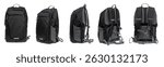 Multipurpose Black Backpack Displayed from Multiple Angles on White Background. Travel, Hiking, and School Bag