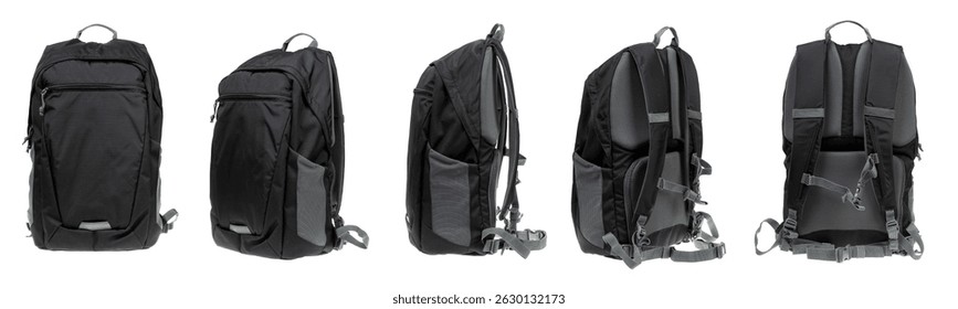 Mochila negra multiusos mostrada desde múltiples ángulos sobre fondo blanco. Bolsa de viaje, senderismo y escuela