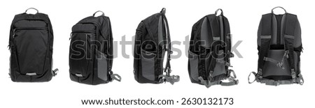 Multipurpose Black Backpack Displayed from Multiple Angles on White Background. Travel, Hiking, and School Bag