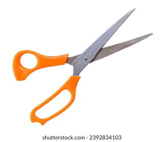 multipurpose scissors with orange or yellow handle is isolated on white background with clipping path