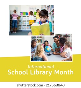 Multiracial Boy Reading Book, Teacher Showing Globe To Children, International School Library Month. Text, Childhood, Collage, Composite, Copy Space, Education, Knowledge, Reading And Celebration.