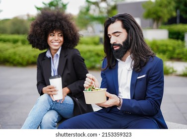 Multiracial Business People Eating Healthy Poke Outdoor