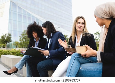 Multiracial Business People Having A Lunch Break Outside Office