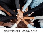 Multiracial business people make synergy hand stack together in meeting room as cooperation or team building for corporate employee in workplace. Meticulous