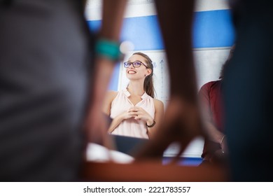 Multiracial Business People Working Together At Boardroom Table At Office. Successful Team Of Colleagues Brainstorming. Abstract View.