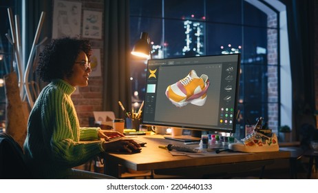 Multiracial Female Designer Comes Up with Design of Sneakers by Creating a Model It in the Software for 3d Visualisation. Talented Black Woman Preparing Fashionable Footwear for New Season. - Shutterstock ID 2204640133