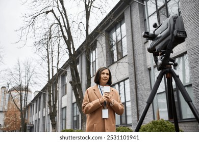 A multiracial female journalist holds a microphone and reports outdoors, showcasing her professionalism. - Powered by Shutterstock