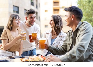 Multiracial Friends Drinking Beer At Brewery Pub Garden - Genuine Friendship Life Style Concept With Guys And Girls Enjoying Happy Hour Food Together At Open Air Bar Dehor - Warm Vivid Filter