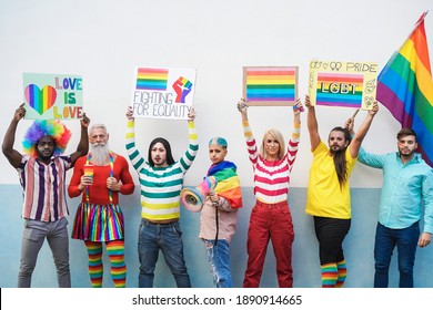 Multiracial Gay People At LBGT Pride - Focus On Faces