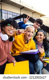 Multiracial Gen Z Friends Taking Selfie With Phone Outside University Building. College Students Having Fun. Vertical.