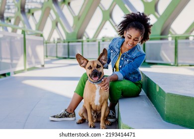 Multiracial Girl Sitting And Resting With Her Dog Outside In The Bridge, Training Him, Spending Leisure Time Together. Concept Of Relationship Between Dog And Teenager, Everyday Life With Pet.