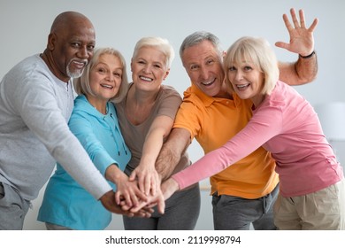 Multiracial Group Of Athletic Senior People Placing Hands On Top Of Each Other And Smiling At Camera, Elderly Men And Women In Sportswear Exercising Together At Nursing Home, Having Workout