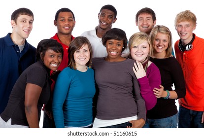 A multi-racial group of college students/friends on a white background