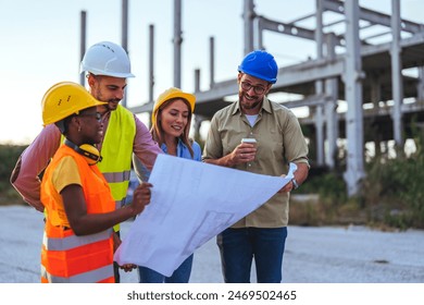 A multiracial group of construction professionals in hard hats and safety vests actively discuss a blueprint at a building site. - Powered by Shutterstock