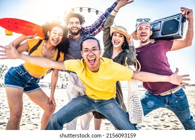 Multiracial Group Of Friends Enjoying Holiday At Beach Party - Happy Young People Having Fun Together Hanging Outside - Youth And Summer Vacation Concept With Guys And Girls At Music Festival Event