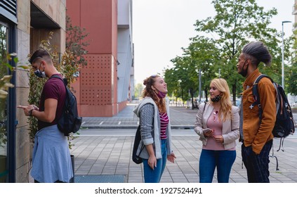 Multi-racial Group Of University Students Queuing To Present Annual Enrollment, The New Normal Life During The Epidemic Period, Prevention From Contagion By Wearing Masks