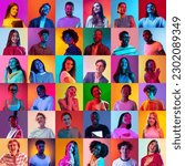 Multiracial happy society. Collage of large group of ethnically diverse smiling people, men and women expressing cheerful emotions over neon background. Concept of youth, student life, team, ad