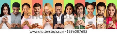 Multiracial Millennial People Using Phones Texting And Browsing Internet Over Different Colored Backgrounds. Collage Of Headshots With Men And Women Using Smartphones. Cellphones Users Crowd