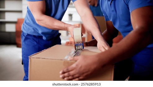 Multiracial Movers Pack Cardboard Boxes To Relocate Families With Care.