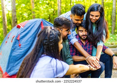Multiracial pakistanian happy friends at picnic camping park - Shutterstock ID 2252224537