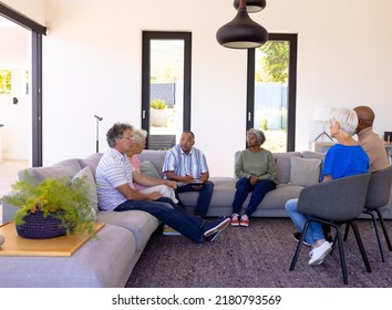 Multiracial Senior Friends Sharing Theirs Emotions And Problems In Group Therapy At Nursing Home. Unaltered, Listening, Sadness, Stress, Togetherness, Support, Assisted Living And Retirement Concept.