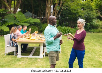 Multiracial Senior Friends Talking And Having Wine While Friends In Background At Backyard Party. Unaltered, Lifestyle, Leisure, Togetherness, Friendship, Retirement And Backyard Party.