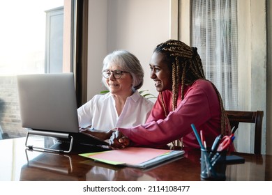 Multiracial Senior And Young Business People With Working Inside Modern Office - Focus On Old Woman Face