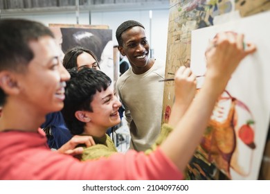 Multiracial students painting inside art room class at university - Focus on african man face