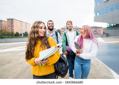 Multiracial students walking on city street.- New normal lifestyle concept with friends wearing face mask going at school