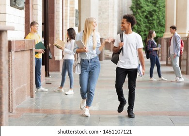 Multiracial students walking in university hall during break and communicating - Shutterstock ID 1451107121
