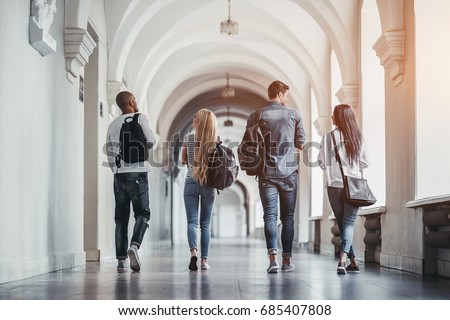 Multiracial students are walking in university hall during break and communicating.