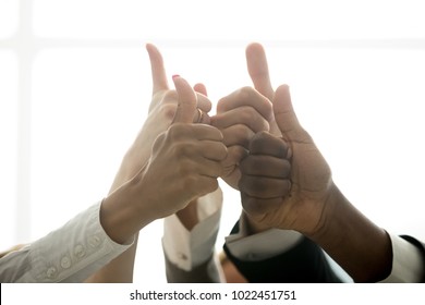 Multiracial Team Hands Showing Thumbs Up Finger Gesture, Motivated Diverse Corporate Group Showing Like Celebrating Racial Equality, Successful Teamwork, Recommending Business Solution, Close Up View