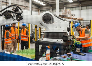 Multiracial team of industrial engineers working together maintaining a robotic arm in a modern bottling factory, discussing and collaborating on the optimization of automated processes - Powered by Shutterstock