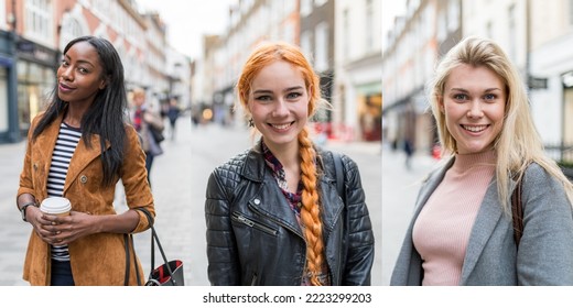 Multiracial Women Multiple Portrait In The City - Collage Of Three Young Women, Multiracial Group, Black And Caucasian - Best Friends Side By Side